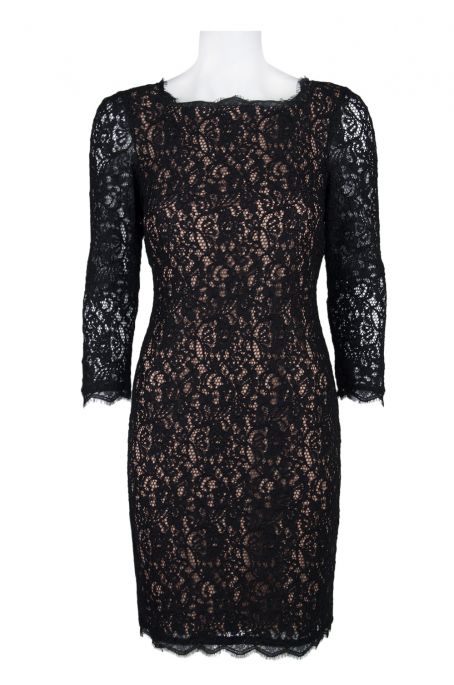 Adrianna Papell Scalloped Neck Illusion 3/4 Sleeve Zipper Back Lace Dress