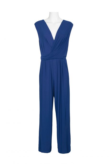 Emma & Michele V-Neck Cap Sleeve Draped Ruched Solid Keyhole Back ITY Jumpsuit with Pockets