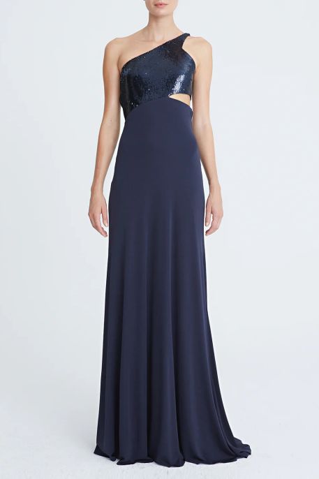 Halston one shoulder sleeveless zipper closure cut out waist matte jersey gown with sequined bodice