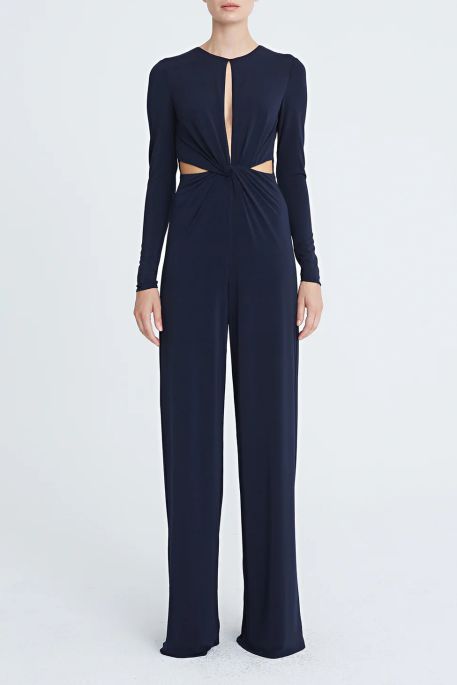Halston Crew Neck Long Sleeve Keyhole Crossed Front Waist Cutout Solid Jersey Jumpsuit