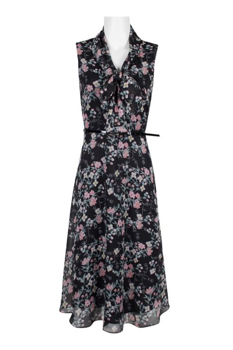 Evan Picone Collared Sleeveless Tie Front Belted Floral Print Zipper Back Chiffon Dress