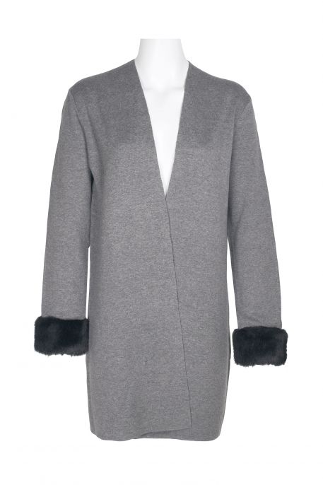 Kasper Open Front Fur Trim Sleeve Knit Cardigan