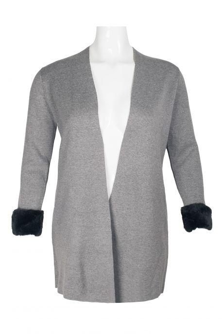 Kasper Open Front Long Fur Trim Sleeve Knit Cardigan (Plus Size)