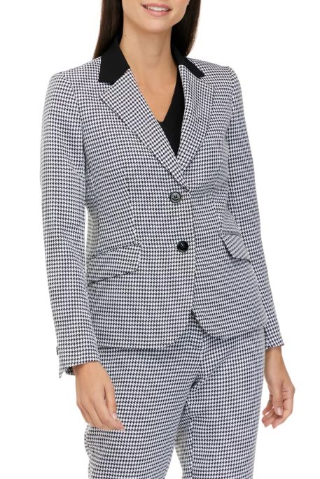 Kasper Notched Collar Button Closure Long Sleeve Houndstooth Stretch Crepe Jacket