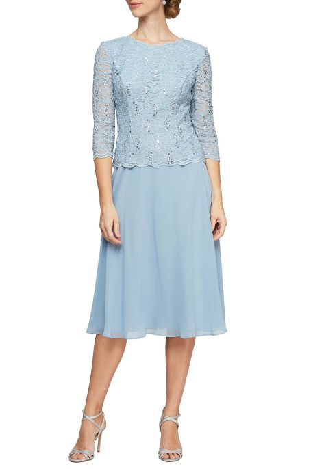 Alex Evenings Jewel Neck 3/4 Sleeve Embellished Lace Bodice Zipper Back Solid Tea-Length Lace & Chiffon Dress