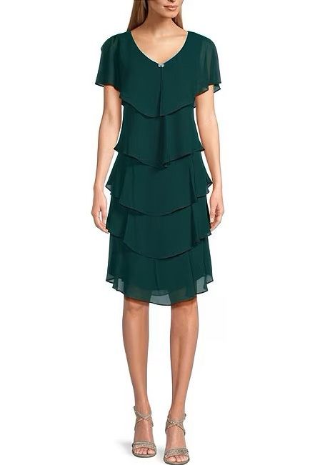SL Fashions Jewel V-Neck Short Sleeve Georgette Tiered Capelet Shift Dress