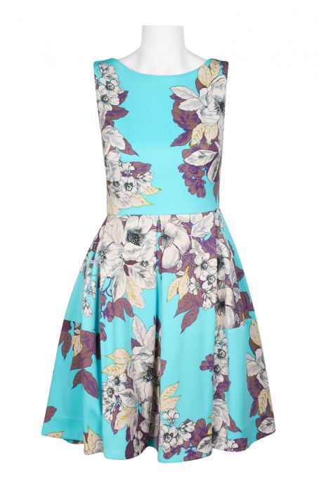 Taylor Boat Neck Sleeveles Box Pleat A-Line Zipper Back Floral Print Scuba Dress