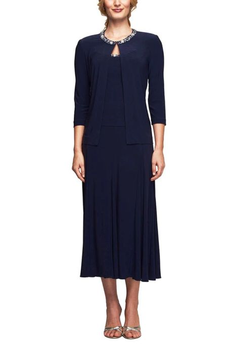 Alex Evenings embellished scoop neck sleeveless popover A-line matte jersey dress with matching 3/4 sleeve jacket