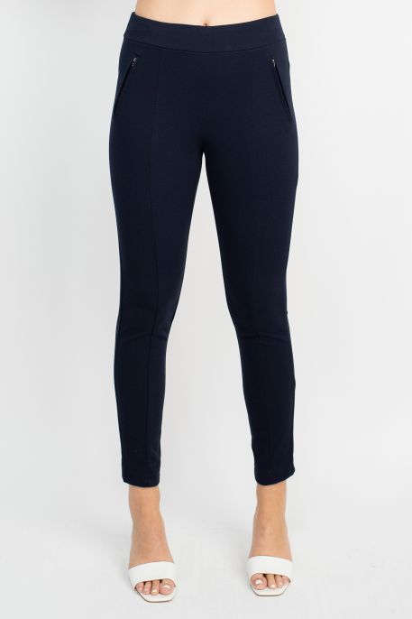 Soho Mid Waist Pull-On Skinny Zipper Front Solid Crepe Pant