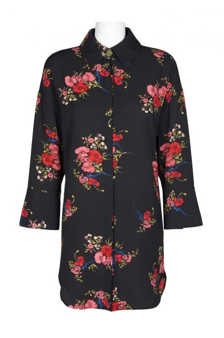 Carre Noir Collared Button Floral Print Long Sleeve Polyester Top