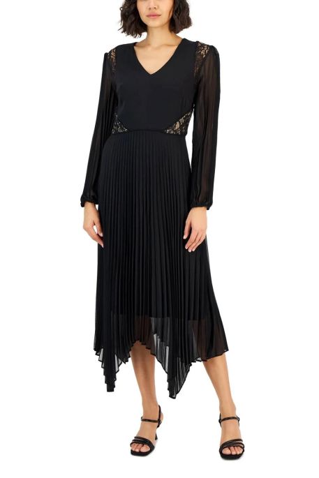 Taylor V-neck elastic cuff long sleeve lace shoulder and side detail zipper back pleated chiffon crepe gown