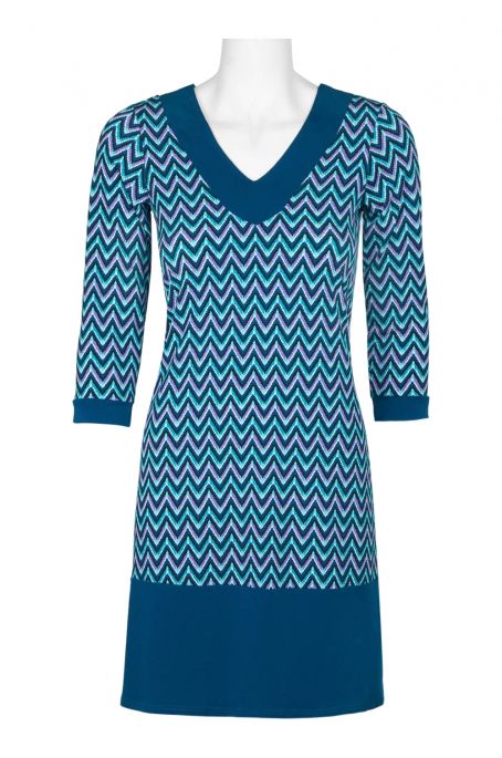 Leota V-Neck Long Sleeve Banded Multi Print Jersey Dress