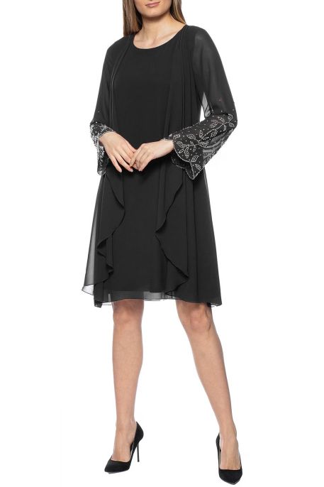 Marina Scoop Neck Embellished Sleeve Keyhole Back Solid Chiffon Dress