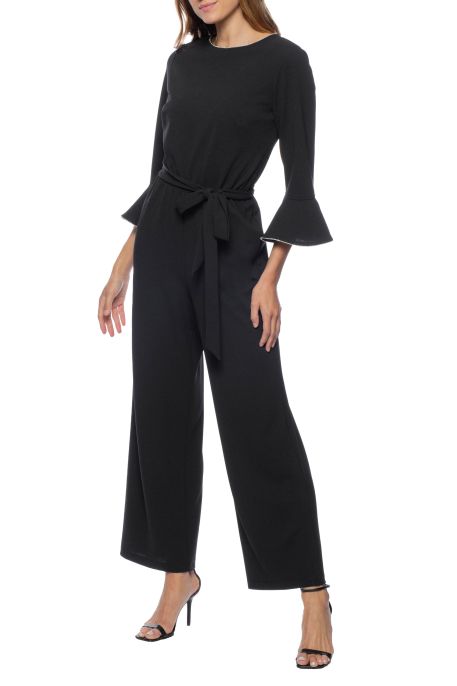 Marina embellished boat neck circular sleeve tie waist zipper back stretch crepe jumpsuit