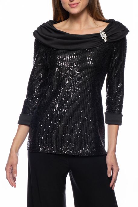 Marina brooch detail cowl neck folded cuff sequined top