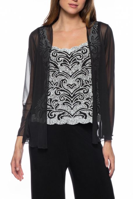 Marina scoop neck sleeveless embellished matte jersey top with open front chiffon jacket