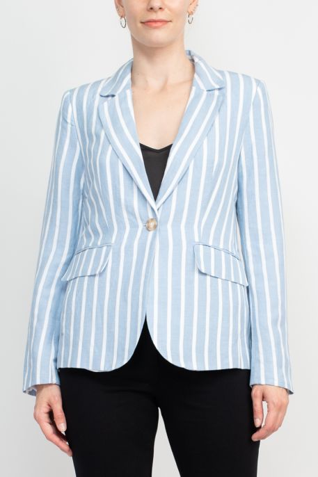 Philosophy Notched Collar Long Sleeve One Button Closure Stripe Pattern Linen Jacket