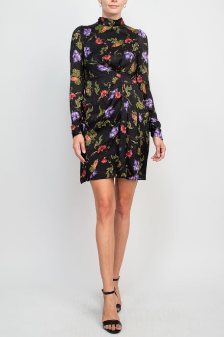 Taylor high neck long sleeve pleated side floral print chiffon crepe dress
