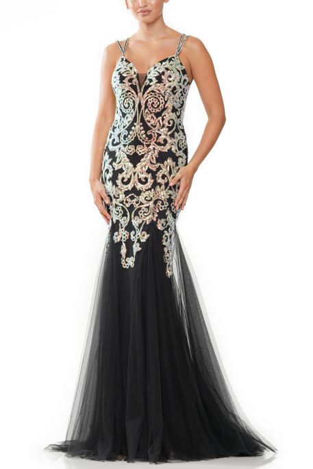 Colors Dress Sleeveless Embroidered Sequin Gown