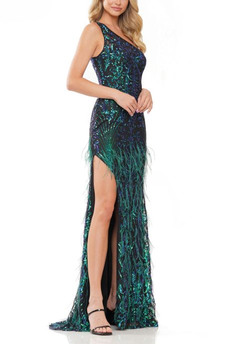 Colors Dress One Shoulder Feather Front Slit Gown