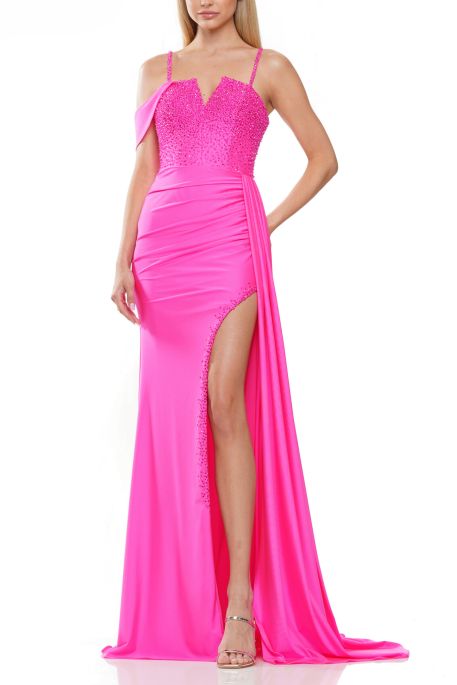 Colors Dress One Shoulder Beaded Bodice Front Slit Gown