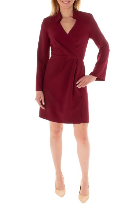 Taylor collared V-neck long sleeve faux wrap solid stretch crepe dress