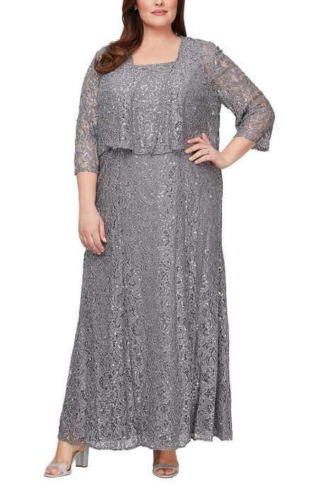 Alex Evenings square neck sleeveless zipper back sequined mermaid lace gown with open front 3/4 sleeve jacket