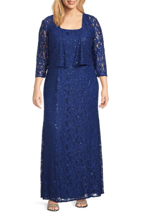 Alex Evenings square neck sleeveless zipper back sequined mermaid lace gown with open front 3/4 sleeve jacket