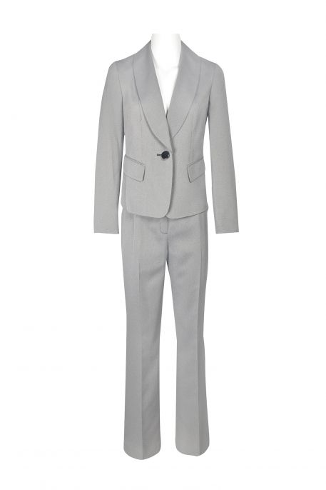 Le Suit Shawl Collar 1 Button Closure Flap Pockets Birdseye Crepe Jacket with Mid Waist Button & Zipper Closure Crepe Pants (Two Piece)
