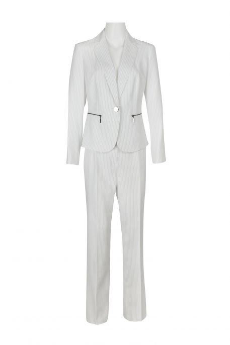 Le Suit Notched Collar 1 Button Closure Zipper Pockets Pinstripe Jacket with Mid Waist Button & Zipper Closure Pinstripe Straight Pants (Two Piece)