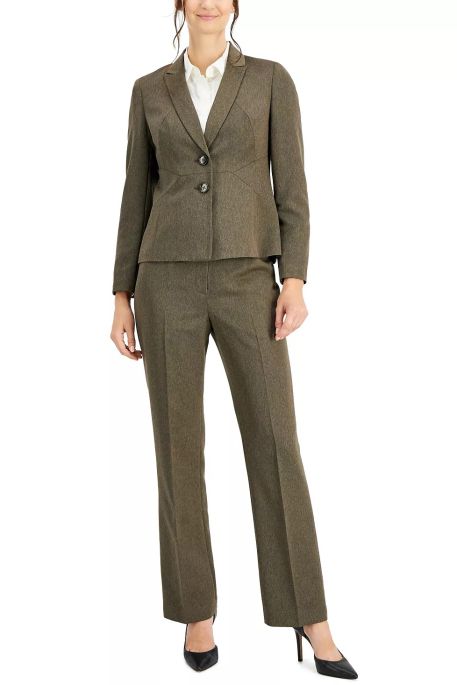 Le Suit Cotched Collar Two-Button Closure Shoulder Pads with Sttright Leg, Zipper with Hook and Bar Closure Crepe Pantsuit