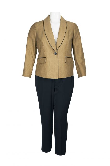 Le Suit V-Neck Long Sleeve Shawl Collar One Button Closure Mini Herringbone Jacket with Mid Waist Elastic Back Waist Solid Slim Pants (Plus Size)