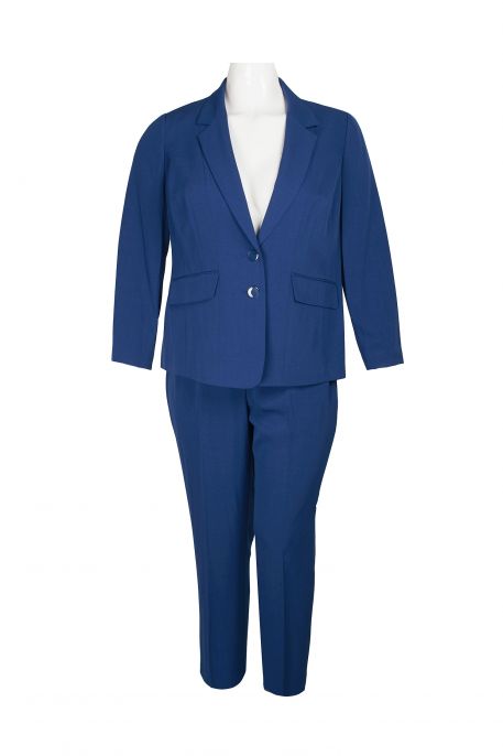 Le Suit Notched Collar Long Sleeve 2 Button Closure Solid Crepe Jacket with Mid Waist Elastic Back Solid Slim Pants (Plus Size)