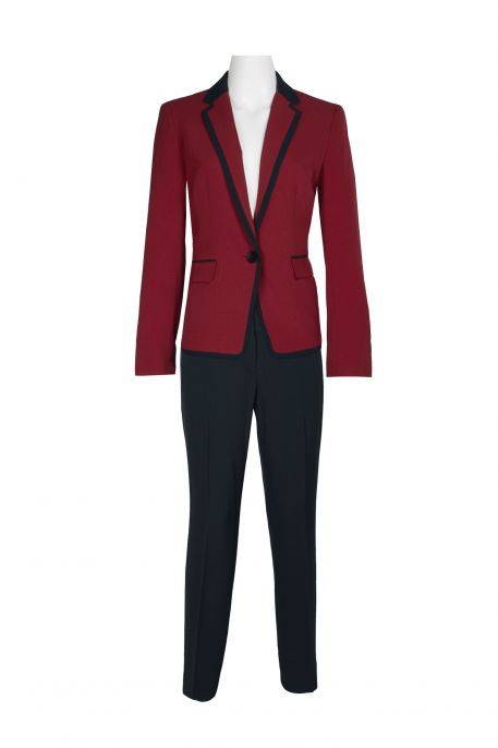 Le Suit Notched Collar One Button Closure Slit Cuff Piping Detail Jacket with Button Hook Zipper Closure Pockets Slim Pants (Two Piece Set)