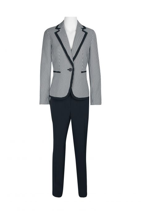 Le Suit Notched Collar One Button Closure Houndstooth Pattern Jacket with Button Hook Zipper Closure Pockets Slim Pants (Two Piece Set)