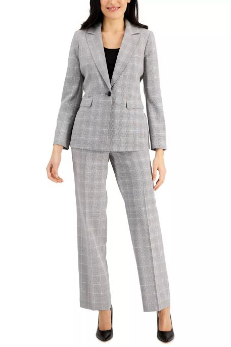 Le Suit Notched Collar Long Sleeve One Button Closure Front Shoulder Pads Flap Pockets Crepe Jacket with Pants (Petite)