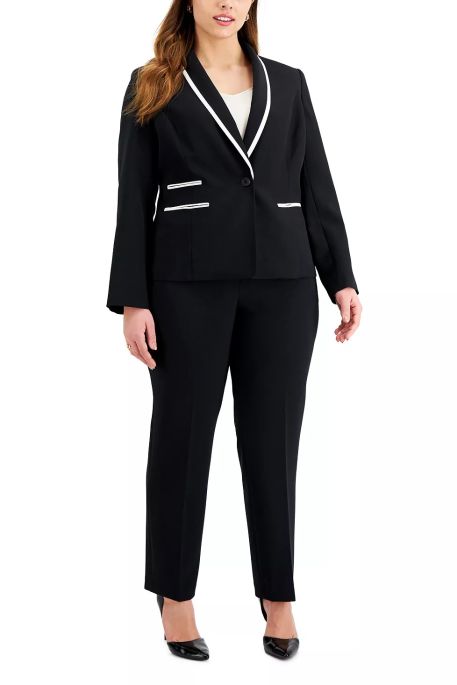 Le Suit Lapel Collar One Button Piping Detail Long Sleeve Jacket with Pencil Cut Crepe Pant