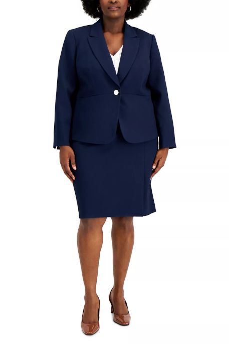 Le Suit Collared Sigle Button Closure Front Shoulder Pads Crepe Jacket with Skirt (Plus Size)