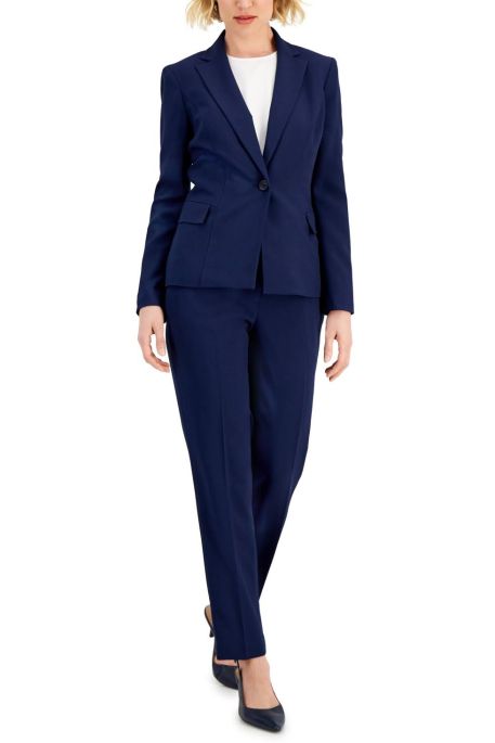 Le Suit Notched Collar Long Sleeve One Button Closure with Mid Waist Button Bar Zip Closure Pant (2 Piece Set)