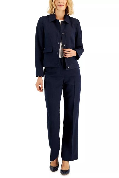 Le Suit Collared Long Sleeve 5 Button Closure Crepe Jacket with Mid Waist Zipper Front Closure Pant 2 Piece Set