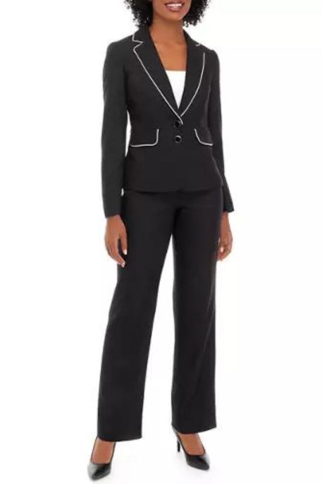 Le Suit Birdseye Jacqaurd Two Button Piped Jacket and Pant Set