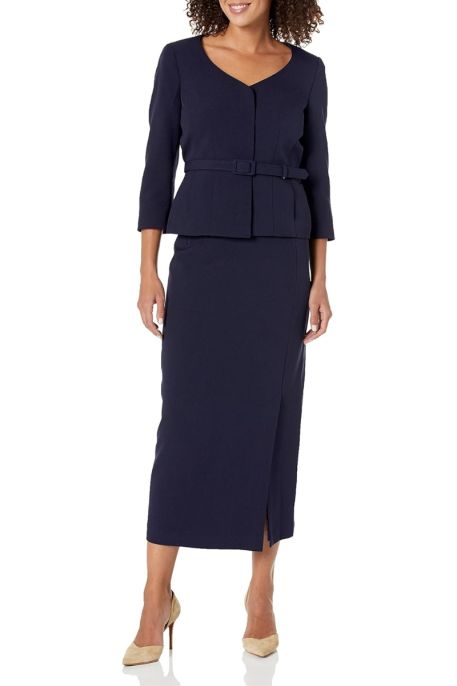 Le Suit Crepe Collarless Belted Jacket and Column Skirt Set
