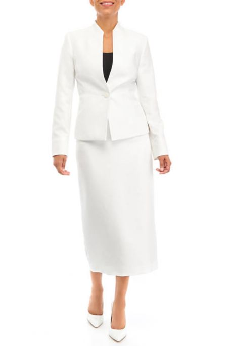 Le Suit Shimmer Tweed One Button No Pocket Jacket and Column Skirt Set
