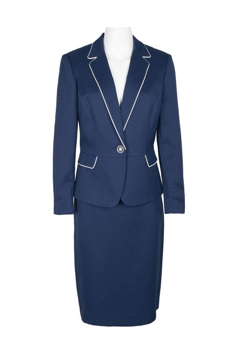 Emily Notched Collar One Button Closure Long Sleeve Piping Detail Crepe Jacket With Zipper Back Slit Back Skirt