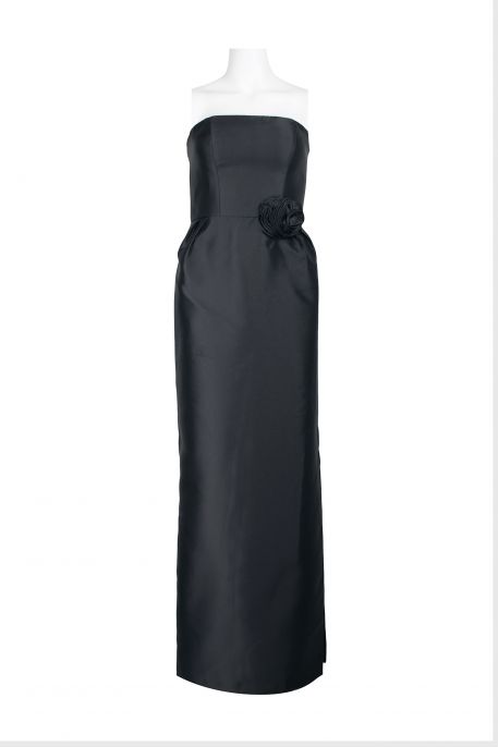 Kay Unger Strapless Zipper Back Pleated Slit Side Rosette Detail Mikado Dress