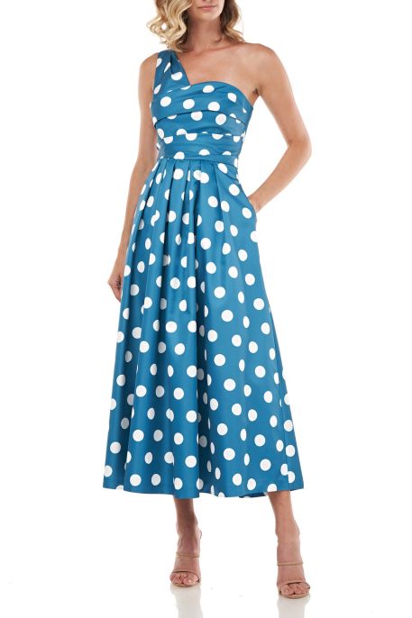 Kay Unger one shoulder sleeveless pleated polka dot print zipper closure A-line mikado dress with pocket
