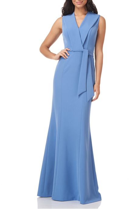 Kay Unger V-neck shawl collar sleeveless waist sash solid stretch crepe gown