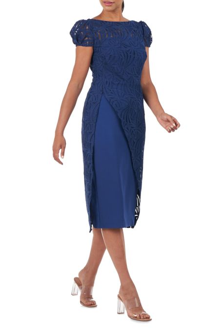 Kay Unger bateau neck cap sleeve zipper closure lace with stretch crepe skirt