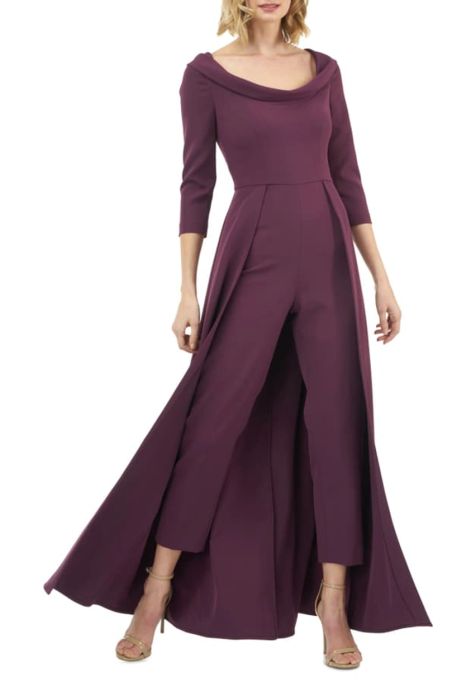 Kay Unger Scoop Neck 3/4 Sleeve Lapel Collar Solid Stretch Crepe Jumpsuit