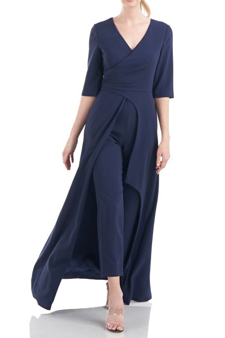 Kay Unger V-Neck 3/4 Sleeve Solid Zipper Back Full-length skirt with walk-through front cutout Crepe Jumpsuit